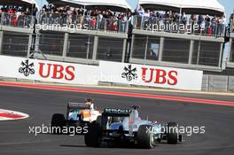 Nico Hulkenberg (GER) Sahara Force India F1 VJM05 and Michael Schumacher (GER) Mercedes AMG F1 W03 battle for position. 18.11.2012. Formula 1 World Championship, Rd 19, United States Grand Prix, Austin, Texas, USA, Race Day.