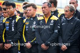 F1, F2, and F3 pay their respects to Anthoine Hubert (L to R): Ye Yifei (CHN) Renault Sport Academy Driver; Max Fewtrell (GBR) Renault Sport Academy Driver; Mia Sharizman (MAL) Renault Sport Academy Director; Alain Prost (FRA) Renault F1 Team Special Advisor. 01.09.2019. Formula 1 World Championship, Rd 13, Belgian Grand Prix, Spa Francorchamps, Belgium, Race Day.