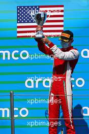 Logan Sargeant (USA) PREMA Racing celebrates his third position on the podium. 15.08.2020. FIA Formula 3 Championship, Rd 6, Barcelona, Spain, Saturday.
