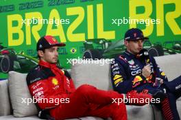 (L to R): Charles Leclerc (MON) Ferrari and Max Verstappen (NLD) Red Bull Racing in the post qualifying FIA Press Conference. 03.11.2023. Formula 1 World Championship, Rd 21, Brazilian Grand Prix, Sao Paulo, Brazil, Qualifying Day.