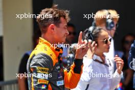 Lando Norris (GBR) McLaren celebrates being quickest in Sprint Shootout. 04.11.2023. Formula 1 World Championship, Rd 21, Brazilian Grand Prix, Sao Paulo, Brazil, Sprint Day.