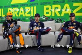 Top three in post Sprint FIA Press Conference (L to R): Lando Norris (GBR) McLaren, second; Max Verstappen (NLD) Red Bull Racing, winner; Sergio Perez (MEX) Red Bull Racing, third. 04.11.2023. Formula 1 World Championship, Rd 21, Brazilian Grand Prix, Sao Paulo, Brazil, Sprint Day.