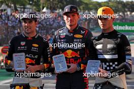 Top three in Sprint parc ferme (L to R): Sergio Perez (MEX) Red Bull Racing, third; Max Verstappen (NLD) Red Bull Racing, winner; Lando Norris (GBR) McLaren, second. 04.11.2023. Formula 1 World Championship, Rd 21, Brazilian Grand Prix, Sao Paulo, Brazil, Sprint Day.