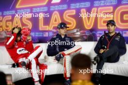 (L to R): Charles Leclerc (MON) Ferrari; Max Verstappen (NLD) Red Bull Racing; and Sergio Perez (MEX) Red Bull Racing, in the post race FIA Press Conference. 18.11.2023. Formula 1 World Championship, Rd 22, Las Vegas Grand Prix, Las Vegas, Nevada, USA, Race Day.
