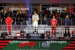 The podium (L to R): Charles Leclerc (MON) Ferrari, second; Max Verstappen (NLD) Red Bull Racing, race winner; Sergio Perez (MEX) Red Bull Racing, third; Francesco Laus, Red Bull Racing Senior Tyre Simulation Engineer. 18.11.2023. Formula 1 World Championship, Rd 22, Las Vegas Grand Prix, Las Vegas, Nevada, USA, Race Day.