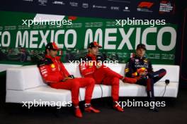 Carlos Sainz, Scuderia Ferrari, pole man Charles Leclerc, Scuderia Ferrari, and Max Verstappen, Red Bull Racing, in the post Qualifying Press Conference 28.10.2023. Formula 1 World Championship, Rd 20, Mexican Grand Prix, Mexico City, Mexico, Qualifying Day.