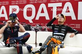(L to R): Max Verstappen (NLD) Red Bull Racing and Lando Norris (GBR) McLaren in the post race FIA Press Conference. 08.10.2023. Formula 1 World Championship, Rd 18, Qatar Grand Prix, Doha, Qatar, Race Day.