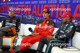 (L to R): Lando Norris (GBR) McLaren; Charles Leclerc (MON) Ferrari; and Lewis Hamilton (GBR) Mercedes AMG F1, in the post qualifying FIA Press Conference. 20.10.2023. Formula 1 World Championship, Rd 19, United States Grand Prix, Austin, Texas, USA, Qualifying Day