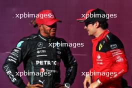 (L to R): third placed Lewis Hamilton (GBR) Mercedes AMG F1 in qualifying parc ferme with pole sitter Charles Leclerc (MON) Ferrari. 20.10.2023. Formula 1 World Championship, Rd 19, United States Grand Prix, Austin, Texas, USA, Qualifying Day