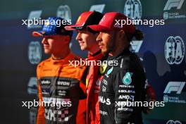 Third placed Lewis Hamilton (GBR) Mercedes AMG F1 in qualifying parc ferme with pole sitter Charles Leclerc (MON) Ferrari and second placed Lando Norris (GBR) McLaren. 20.10.2023. Formula 1 World Championship, Rd 19, United States Grand Prix, Austin, Texas, USA, Qualifying Day