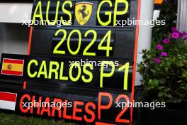 Pit board celebrating a 1-2 finish for Ferrari. 24.03.2024. Formula 1 World Championship, Rd 3, Australian Grand Prix, Albert Park, Melbourne, Australia, Race Day.