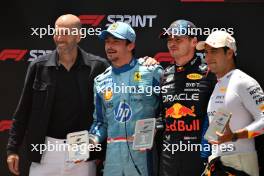(L to R): Zinedine Zidane (FRA) Football Manager and Alpine Ambassador; Charles Leclerc (MON) Ferrari, second; Max Verstappen (NLD) Red Bull Racing, winner; Sergio Perez (MEX) Red Bull Racing, third, in Sprint parc ferme. 04.05.2024. Formula 1 World Championship, Rd 6, Miami Grand Prix, Miami, Florida, USA, Sprint and Qualifying Day.