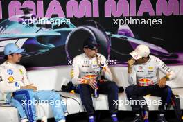 (L to R): Charles Leclerc (MON) Ferrari; Max Verstappen (NLD) Red Bull Racing; and Sergio Perez (MEX) Red Bull Racing, in the post Sprint FIA Press Conference. 04.05.2024. Formula 1 World Championship, Rd 6, Miami Grand Prix, Miami, Florida, USA, Sprint and Qualifying Day.