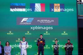 The podium (L to R): Paul Aron (EST) Hitech Pule-Eight, second; Isack Hadjar (FRA) Campos Racing, race winner; Zane Maloney (BRB) Rodin Motorsport, third. 24.03.2024. FIA Formula 2 Championship, Rd 3, Feature Race, Melbourne, Australia, Sunday.