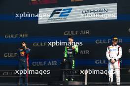 The podium (L to R): Josep Maria Marti (ESP) Campos Racing, second; Zane Maloney (BRB) Rodin Motorsport, race winner; Paul Aron (EST) Hitech Pule-Eight, third. 02.03.2024. FIA Formula 2 Championship, Rd 1, Feature Race, Sakhir, Bahrain, Saturday.
