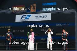 The podium (L to R): Josep Maria Marti (ESP) Campos Racing, second; Zane Maloney (BRB) Rodin Motorsport, race winner; Paul Aron (EST) Hitech Pule-Eight, third. 02.03.2024. FIA Formula 2 Championship, Rd 1, Feature Race, Sakhir, Bahrain, Saturday.